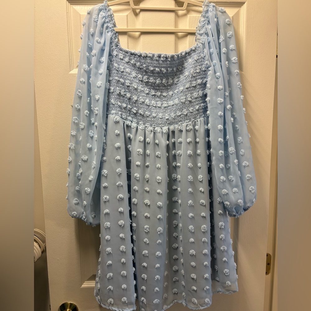 Light Blue Smocked Dress with Puff Long Sleeves